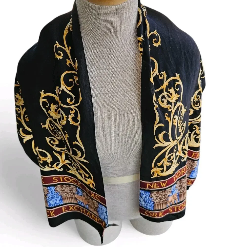 Vos & Low Designs NYSE Stock Exchange 100% Silk Scarf Black Hand Rolled Edges